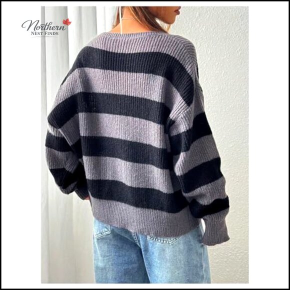 Striped Boat Neck Pullover Sweater, Drop Shoulder, Loose Fit, Long Sleeve - Picture 3 of 6